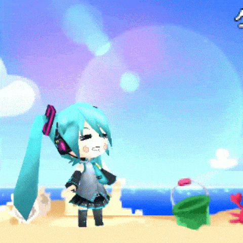 hatsune miku is standing on the beach with a green bucket