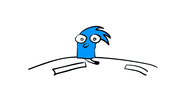 a drawing of a blue cartoon character sitting on a chair