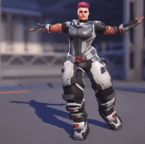 a video game character is standing with her arms outstretched and a shadow on the ground