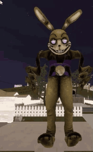 a cartoon rabbit with purple eyes is standing in front of a fence .