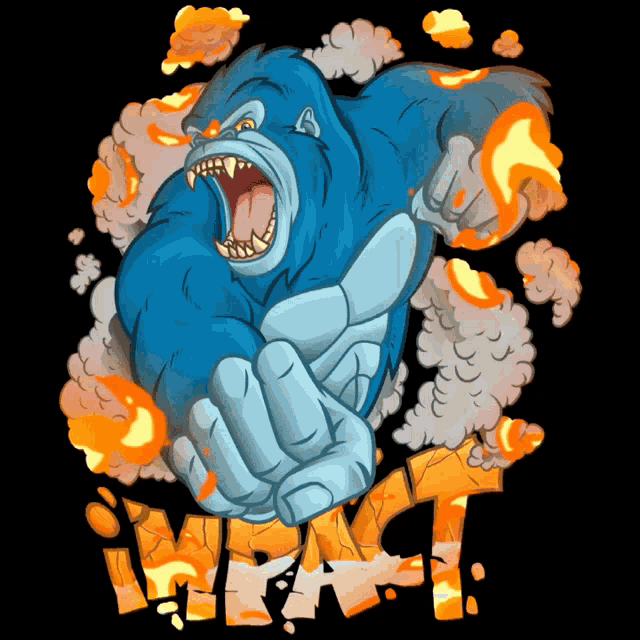 an illustration of a blue gorilla with the word impact behind him