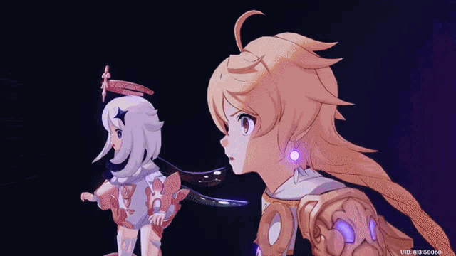 two anime characters are standing next to each other in a dark room with a watermark that says lid # 316006