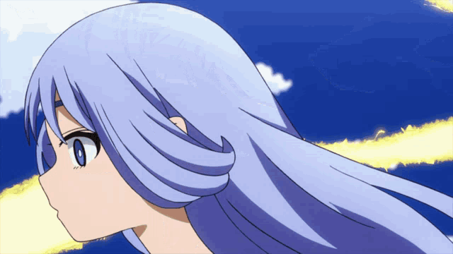 a drawing of a girl with long purple hair and blue eyes