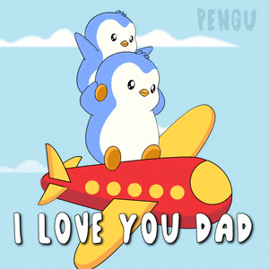 two penguins are sitting on top of a red airplane with the words i love you dad below them