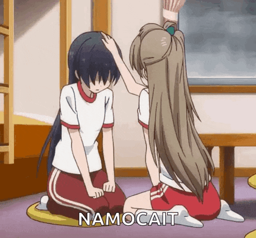 two anime girls are kneeling down and one of them is touching the other 's head with the words " namocait " written below