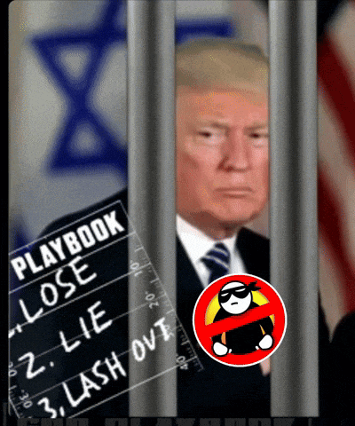 a cartoon of donald trump behind bars with a playbook behind him