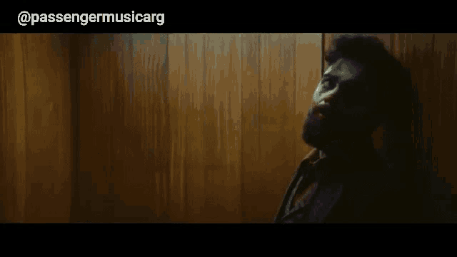 a man leaning against a wooden wall with passengermusicarg written on the bottom of the screen