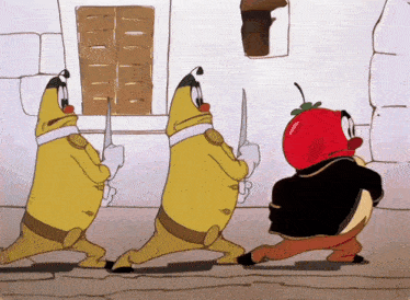 a cartoon of bananas and tomatoes with swords