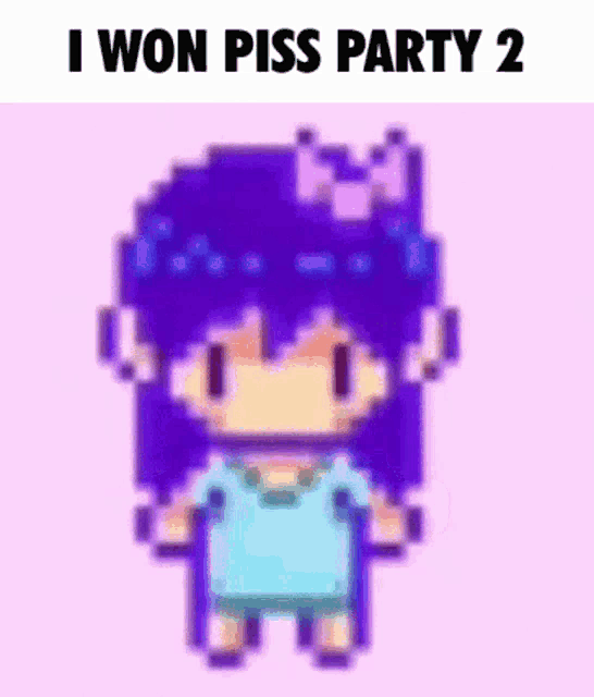 a pixel art drawing of a girl with purple hair and a bow on her head .