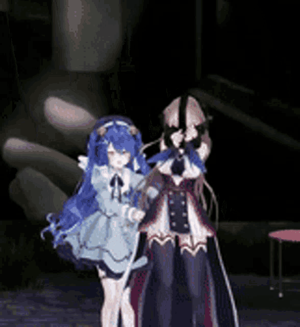 a couple of anime characters standing next to each other in a dark room