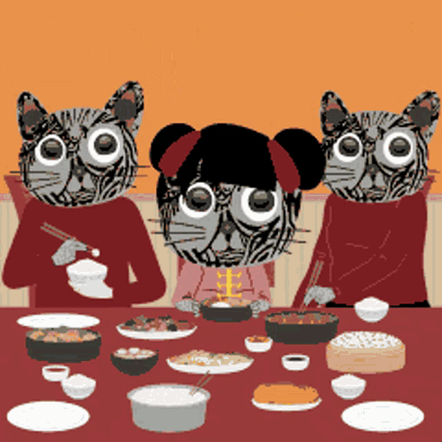 three cats are sitting at a table with plates and bowls of food