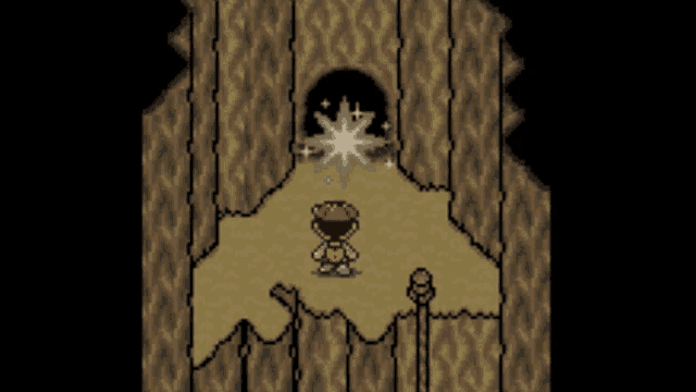 a boy in a red hat is standing in front of a glowing object in a video game