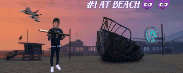 a man holding a gun on a beach with # 1 at beach written on the bottom