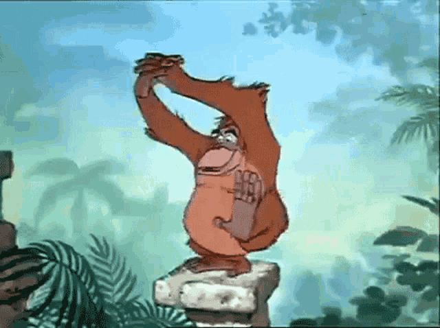 a cartoon monkey is standing on a rock in the jungle with his hands in the air