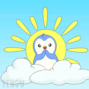 a penguin sitting on a cloud with the sun behind it