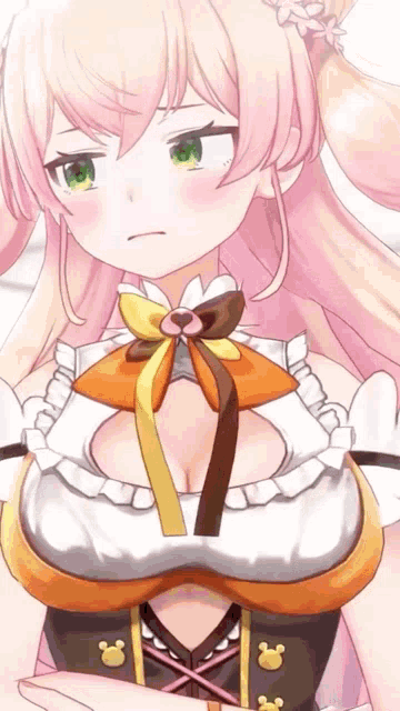a close up of a anime girl 's breasts with a bow around her neck .