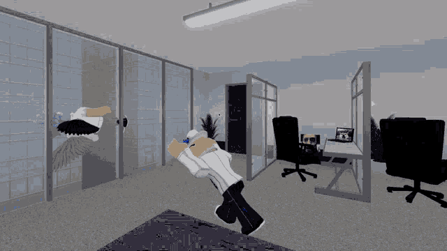 a computer generated image of a person in an office with chairs
