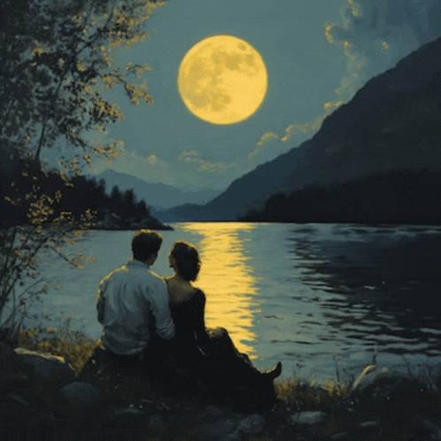 a man and a woman sit on the shore of a lake watching a full moon