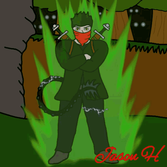 a drawing of a man with a green light behind him and the name jason h