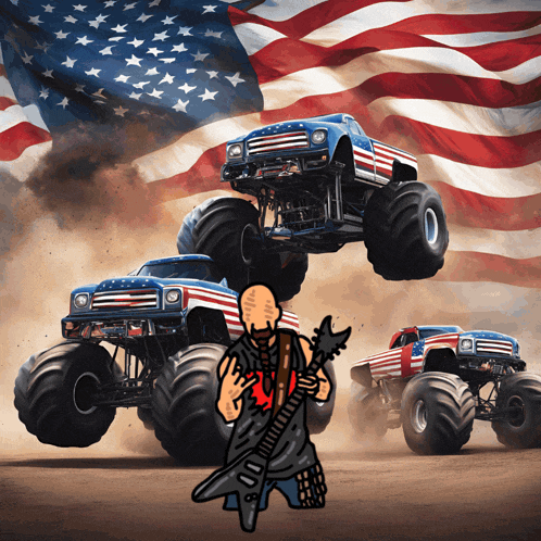 a man playing a guitar in front of a monster truck that says ' us army ' on it