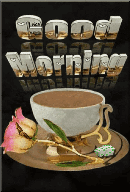 a cup of coffee on a saucer with the words good morning visible