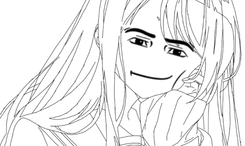 a black and white drawing of a girl with long hair smiling