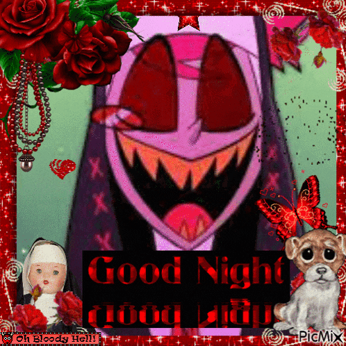 a picture of a nun with a monster face and the words good night
