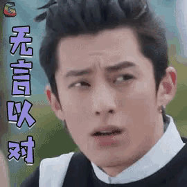 a close up of a man 's face with chinese writing on it