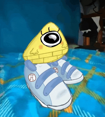 a drawing of a triangle with a big eye and a pair of shoes