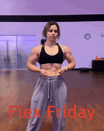 a woman flexes her muscles in a gym with the words flex friday written in red