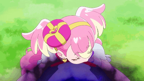a cartoon girl with pink hair and wings is wearing a pink hat with a heart on it