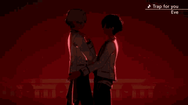 a couple of anime characters are standing next to each other and hugging each other .