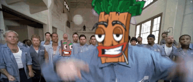 a group of prisoners are standing around a man with a cartoon face on his face