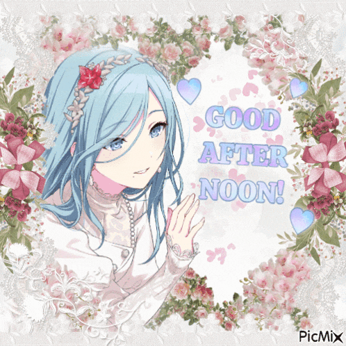 a picture of a girl with blue hair and the words good after noon written on it