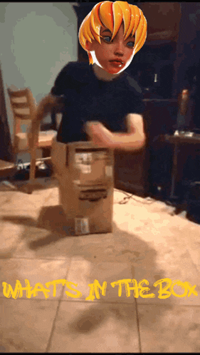 a man is standing next to a cardboard box that says what 's in the box on the floor