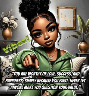 a girl in a green jacket is pointing at the camera with a quote on it