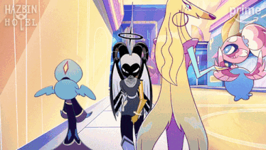 three cartoon characters are standing in a hallway with the words hazbin hotel behind them