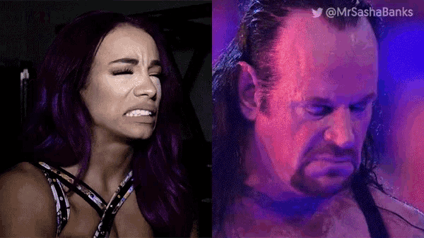 a woman is crying next to a man with purple hair .