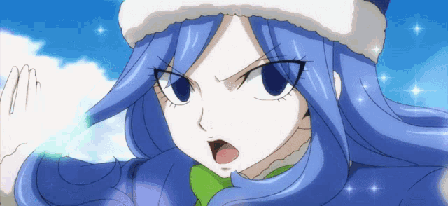 a blue haired anime character with a white hat