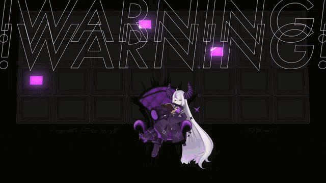 a girl with long white hair is sitting in a chair with the words warning behind her