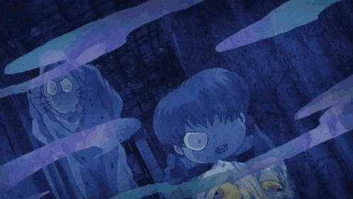 two cartoon characters are standing next to each other in a dark room .