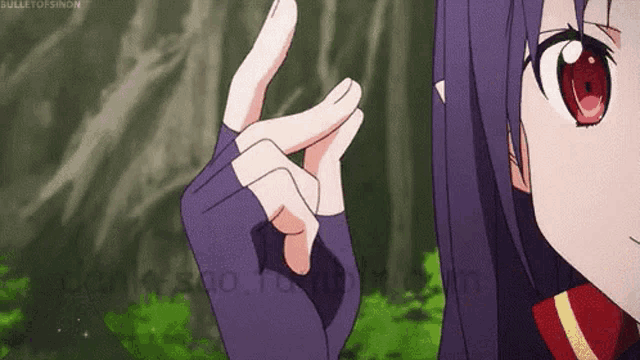 a girl with purple hair is making a peace sign with her hands