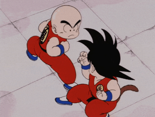 a cartoon of goku and krilin fighting with chinese characters on their shirts