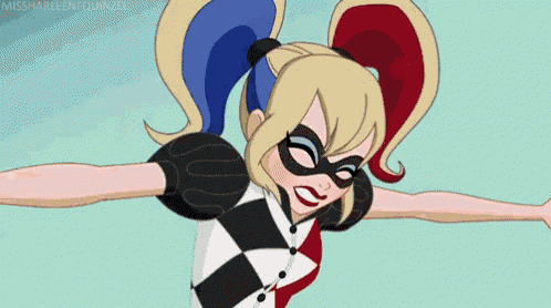 harley quinn from the dc comics super hero girls is holding a knife and saying `` i hate needles ! ''