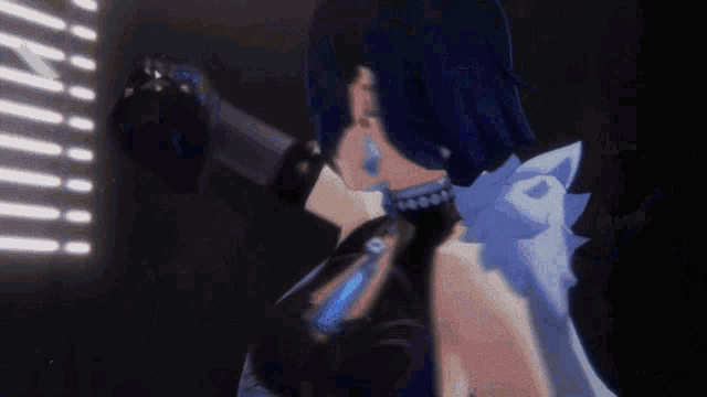 a girl with purple hair is holding a sword