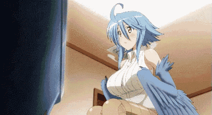 a cartoon character with blue hair and wings is sitting in a room