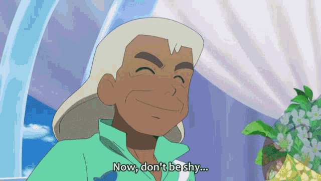 a cartoon character is smiling and says now don 't be shy
