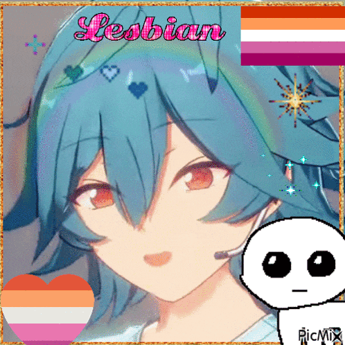 a picture of a girl with blue hair and the word lesbian on it