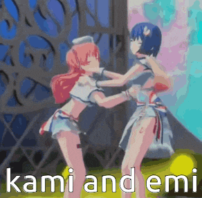 two anime girls are hugging each other and the words kami and emi are on the bottom of the image