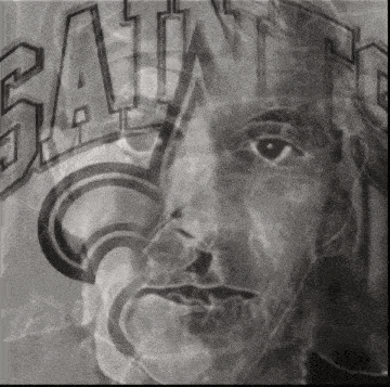 a black and white photo of a man 's face with the word saints in the background